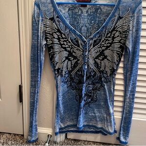 Blue Embellished Rock and Roll Long Sleeve Top